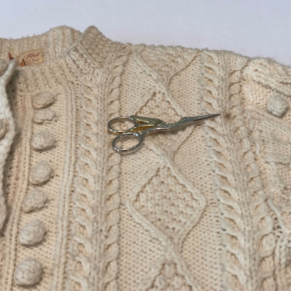 Theresa Farren Hand Knit Wool Aran Cardigan Cream Cable Bobble Fisherman Sweater - Picture 5 of 11